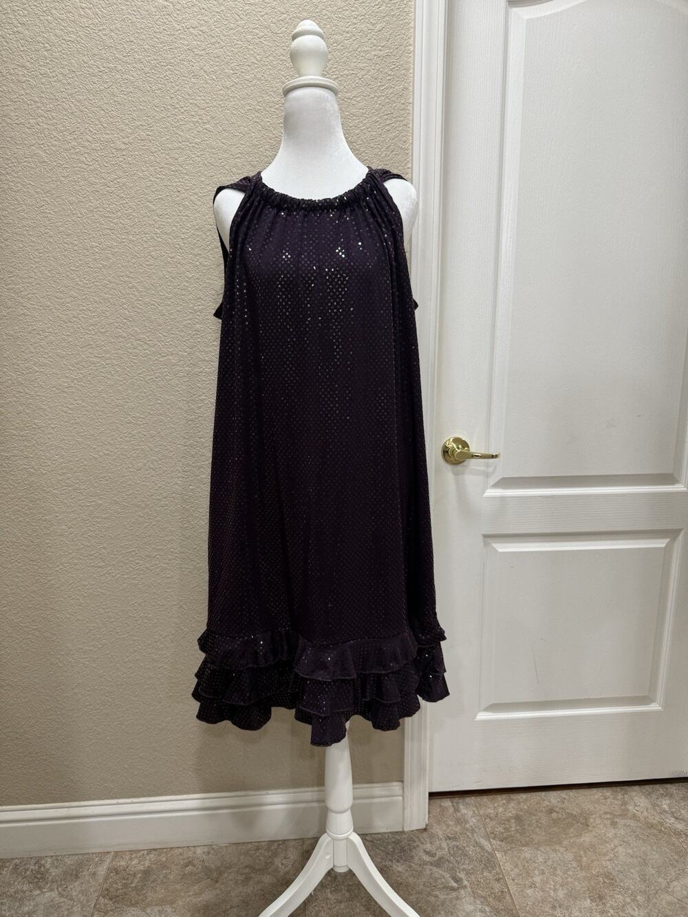 Women’s 0X Purple Metallic Sequin Cocktail Dress Sleeveless Tiered Ruffle Glam
